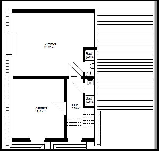 Grundriss Dachgeschoss mit zwei Zimmern und zwei Bädern