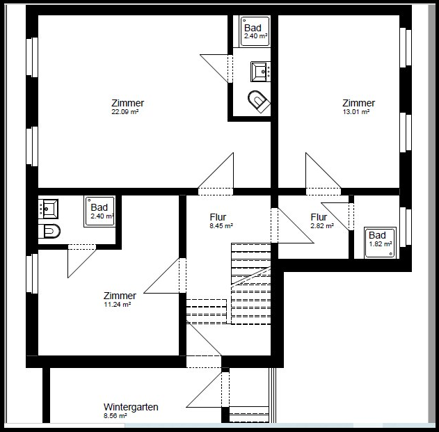 Grundriss Erdgeschoss mit drei Zimmern, drei Bädern und Wintergarten