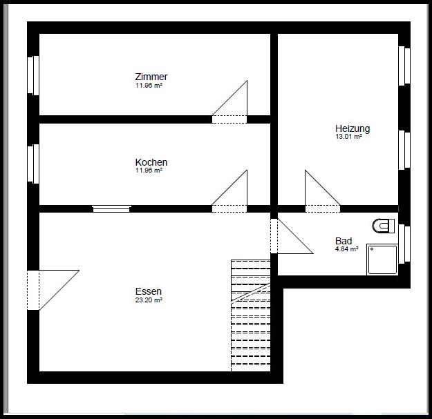 Grundriss Gartengeschoss mit Wohnküche, Zimmer, Bad und Heizungsraum